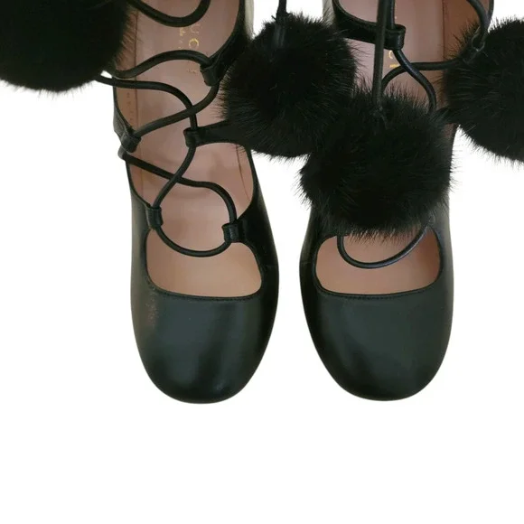 Gucci Heloise Black Leather Lace Up Pom Pom High Heeled Boots 6.5 36.5 409230 - Picture 16 of 17